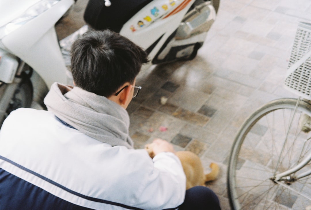 Young person petting a small cat on the ground